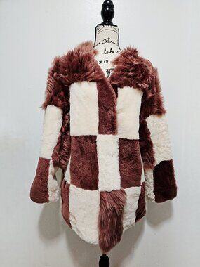 New Real Sheepskin Toscana Long-hair Lamb Fur Jacket Checkerboard Brown White